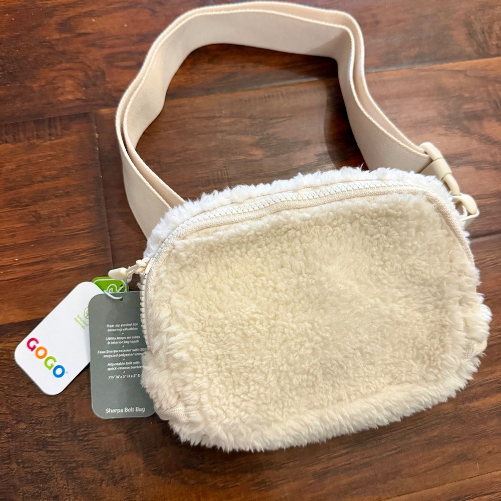 GOGO Sherpa Belt Bag Cream Faux Fur Recycled Waist Pack Crossbody NEW